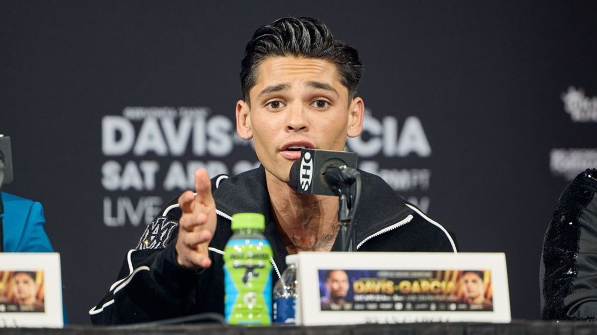 Ryan Garcia answers questions from reporters at the pre-fight press conference in Las Vegas on April 20, 2023. (Esther Lin/SHOWTIME)